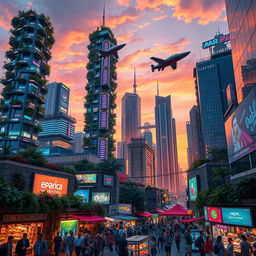 A vibrant, futuristic cityscape during sunset, showcasing towering skyscrapers adorned with lush greenery and neon lights