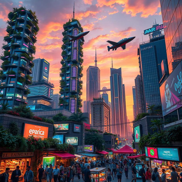 A vibrant, futuristic cityscape during sunset, showcasing towering skyscrapers adorned with lush greenery and neon lights