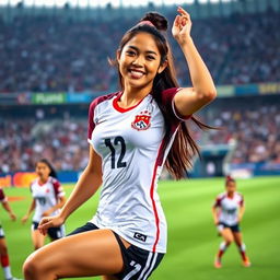 A beautiful woman named Shafira Ika, the charming captain of the Indonesian women's national soccer team, featuring very large, round breasts