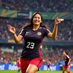 A beautiful woman named Shafira Ika, the charming captain of the Indonesian women's national soccer team, featuring very large, round breasts