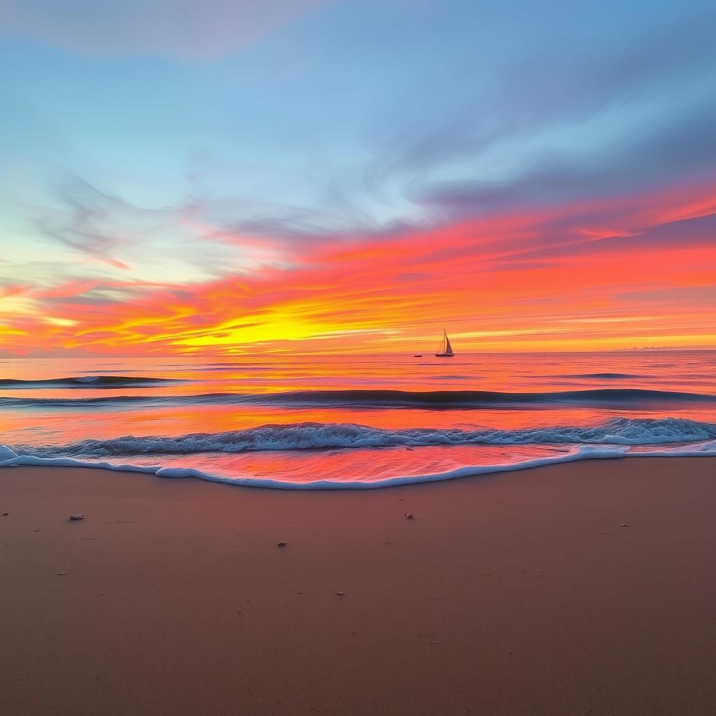 A serene beach setting during sunset with a vibrant sky painted in hues of orange, pink, and purple reflecting off the gentle waves of the ocean