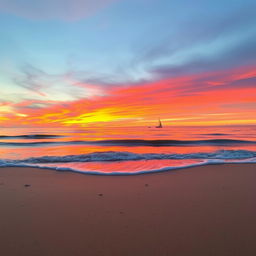 A serene beach setting during sunset with a vibrant sky painted in hues of orange, pink, and purple reflecting off the gentle waves of the ocean