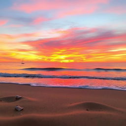 A serene beach setting during sunset with a vibrant sky painted in hues of orange, pink, and purple reflecting off the gentle waves of the ocean