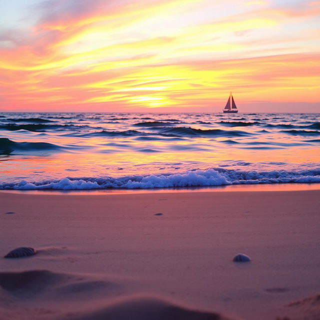 A serene beach setting during sunset with a vibrant sky painted in hues of orange, pink, and purple reflecting off the gentle waves of the ocean