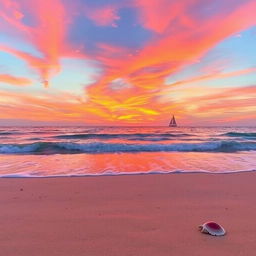 A serene beach setting during sunset with a vibrant sky painted in hues of orange, pink, and purple reflecting off the gentle waves of the ocean