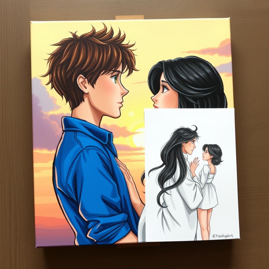 A beautifully painted scene on a standard canvas featuring two figures engaging in a captivating gaze, lost in each other's presence