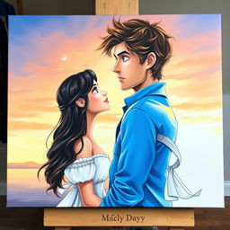 A beautifully painted scene on a standard canvas featuring two figures engaging in a captivating gaze, lost in each other's presence