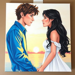 A beautifully painted scene on a standard canvas featuring two figures engaging in a captivating gaze, lost in each other's presence