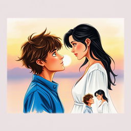 A beautifully painted scene on a standard canvas featuring two figures engaging in a captivating gaze, lost in each other's presence