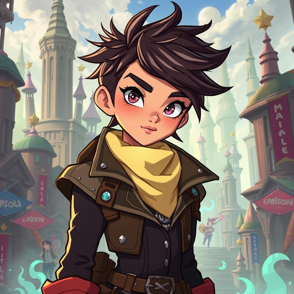 A fantasy city street scene featuring a young adventurer with spiky brown hair and striking red eyes, wearing a stylish leather jacket with a yellow scarf