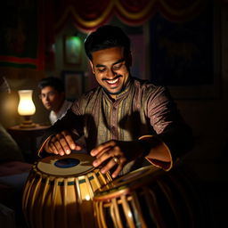 A skilled musician passionately playing a tabla, with intricate hand movements expertly striking the drum surface