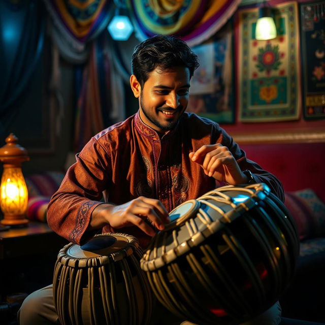 A skilled musician passionately playing a tabla, with intricate hand movements expertly striking the drum surface