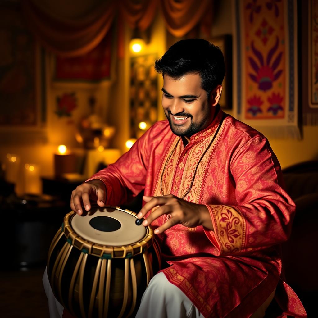 A skilled musician passionately playing a tabla, with intricate hand movements expertly striking the drum surface