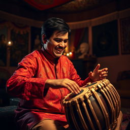A skilled musician passionately playing a tabla, with intricate hand movements expertly striking the drum surface
