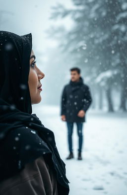 A woman wearing a hijab in a rain-soaked environment, gazing at a man standing in a snowy setting