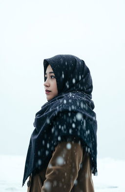 A woman wearing a hijab in a rain-soaked environment, gazing at a man standing in a snowy setting