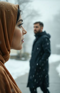 A woman wearing a hijab in a rain-soaked environment, gazing at a man standing in a snowy setting