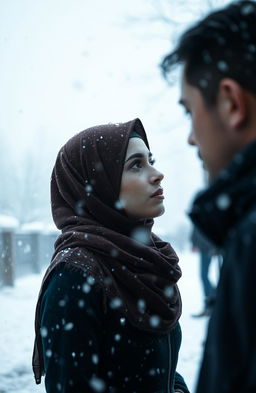 A woman wearing a hijab in a rain-soaked environment, gazing at a man standing in a snowy setting