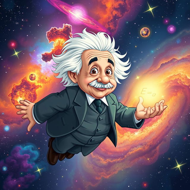 A whimsical depiction of Albert Einstein floating in the vastness of space, surrounded by colorful galaxies and twinkling stars