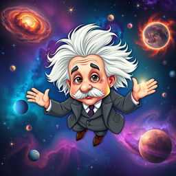 A whimsical depiction of Albert Einstein floating in the vastness of space, surrounded by colorful galaxies and twinkling stars