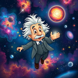 A whimsical depiction of Albert Einstein floating in the vastness of space, surrounded by colorful galaxies and twinkling stars