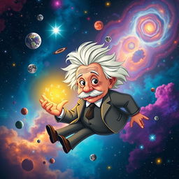 A whimsical depiction of Albert Einstein floating in the vastness of space, surrounded by colorful galaxies and twinkling stars