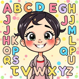 An animated girl with a joyful expression, surrounded by all 26 letters of the alphabet in a colorful, playful arrangement