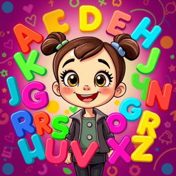 An animated girl with a joyful expression, surrounded by all 26 letters of the alphabet in a colorful, playful arrangement
