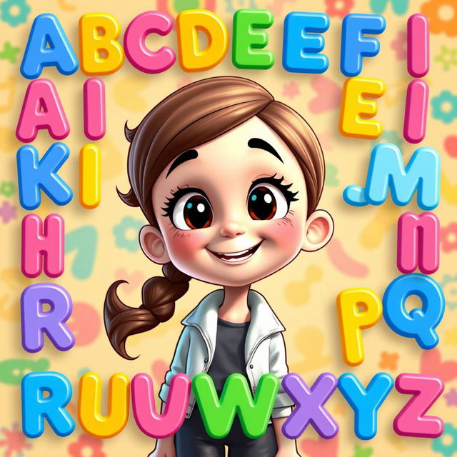 An animated girl with a joyful expression, surrounded by all 26 letters of the alphabet in a colorful, playful arrangement