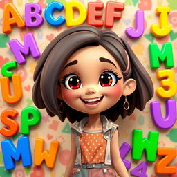 An animated girl with a joyful expression, surrounded by all 26 letters of the alphabet in a colorful, playful arrangement