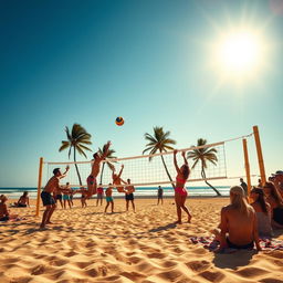 A vibrant beach scene with a lively volleyball match in progress