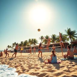 A vibrant beach scene with a lively volleyball match in progress