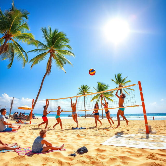 A vibrant beach scene with a lively volleyball match in progress