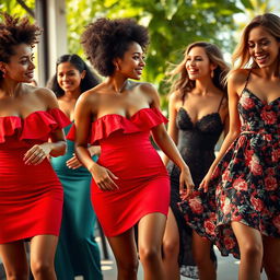 A vibrant and dynamic scene featuring a diverse group of stylish young women in hot dresses, showcasing a variety of bold colors and patterns