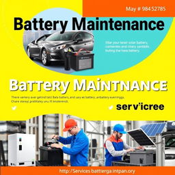 A vibrant and informative banner design for battery maintenance services, prominently featuring images of car batteries, solar batteries, and inverters