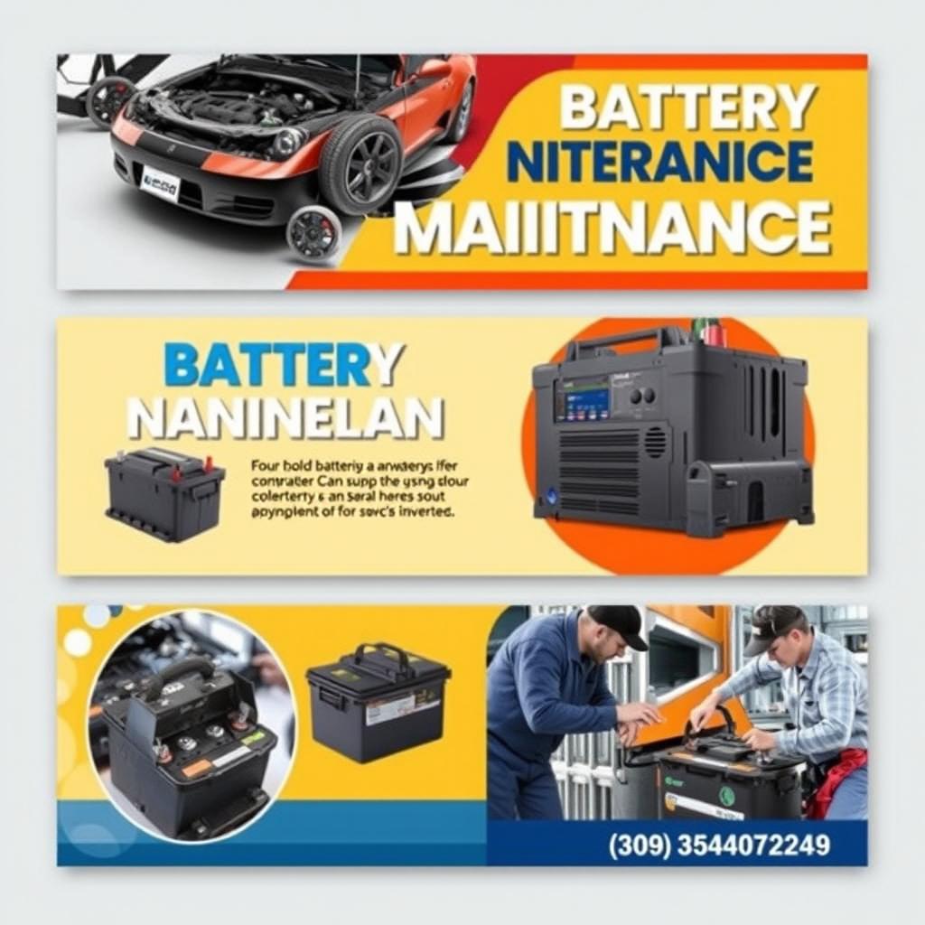 A vibrant and informative banner design for battery maintenance services, prominently featuring images of car batteries, solar batteries, and inverters