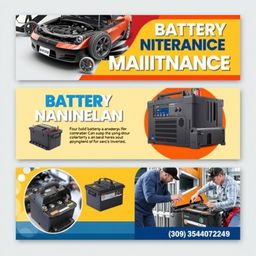 A vibrant and informative banner design for battery maintenance services, prominently featuring images of car batteries, solar batteries, and inverters