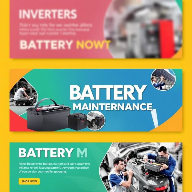 A vibrant and informative banner design for battery maintenance services, prominently featuring images of car batteries, solar batteries, and inverters