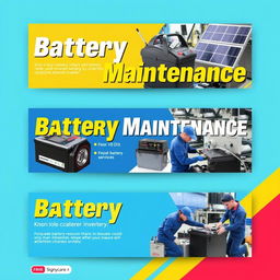 A vibrant and informative banner design for battery maintenance services, prominently featuring images of car batteries, solar batteries, and inverters