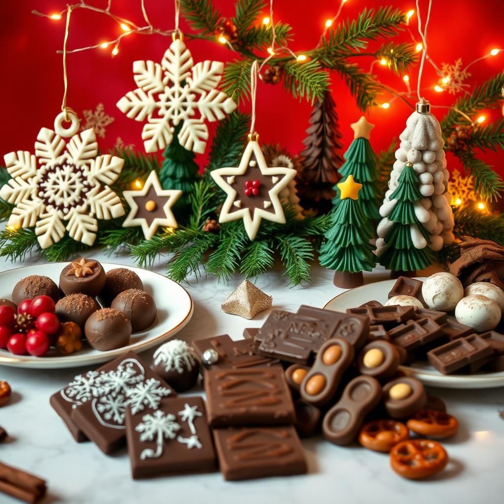 A beautifully arranged Christmas display featuring a variety of chocolate treats