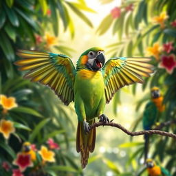 A colorful parrot dancing joyfully, perched on a branch, with vibrant feathers in shades of green, blue, and yellow