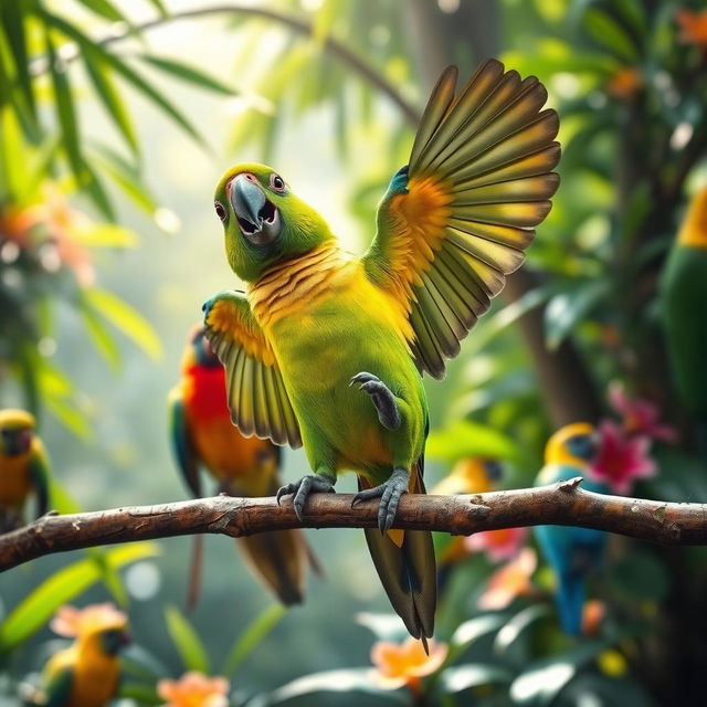 A colorful parrot dancing joyfully, perched on a branch, with vibrant feathers in shades of green, blue, and yellow