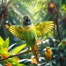A colorful parrot dancing joyfully, perched on a branch, with vibrant feathers in shades of green, blue, and yellow