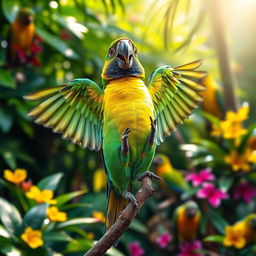 A colorful parrot dancing joyfully, perched on a branch, with vibrant feathers in shades of green, blue, and yellow