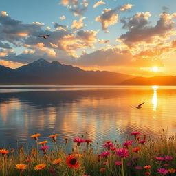 A serene landscape featuring a tranquil lake reflecting the golden hues of a sunset