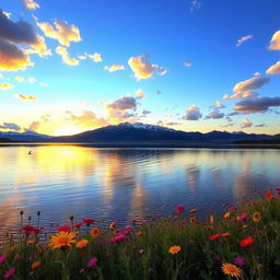 A serene landscape featuring a tranquil lake reflecting the golden hues of a sunset
