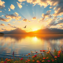 A serene landscape featuring a tranquil lake reflecting the golden hues of a sunset