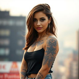 A stunning photograph of a petite brunette woman with intricate tattoos adorning her body
