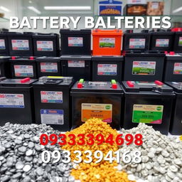 An informative image showing a variety of batteries for sale, including acid batteries and solar power batteries