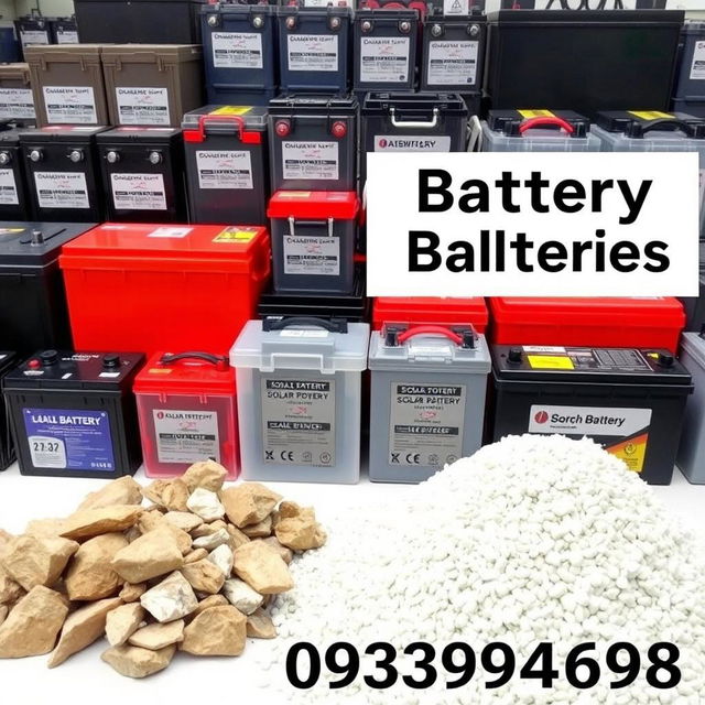 An informative image showing a variety of batteries for sale, including acid batteries and solar power batteries